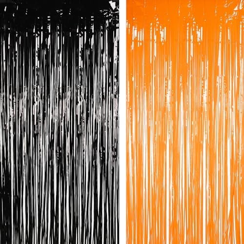 1 Black 1 Orange Tinsel Photo Backdrop Curtains - 3.2x8.2ft Foil Fringe Streamer Curtain for Birthdays, Halloweens, Graduations, Pumpkin, Home, Indoor or Outdoor Party Supplies Decorations