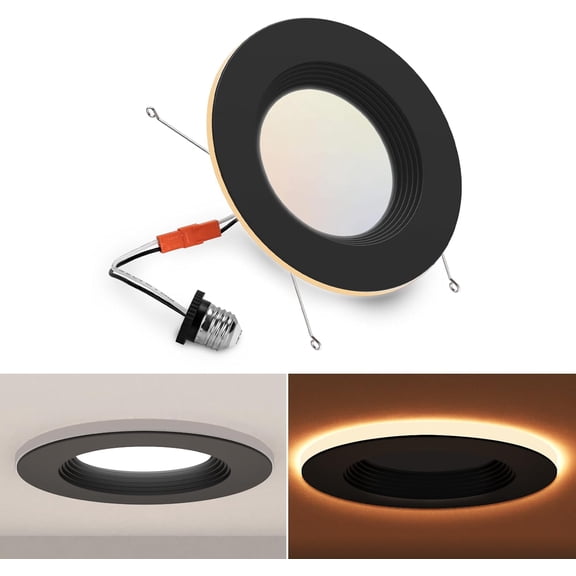 1 Black 5/6 Inch Can Lights with Night Light, 5CCT Recessed Lighting Selectable 2700K-6000K Dimmable, 12W=75W, 1200LM Downlight with Smooth Trim-ETL and Energy