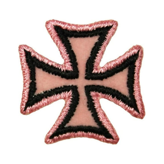 1" Black On Pink Maltese Cross Patch Biker Velvet Embroidered Iron On Applique