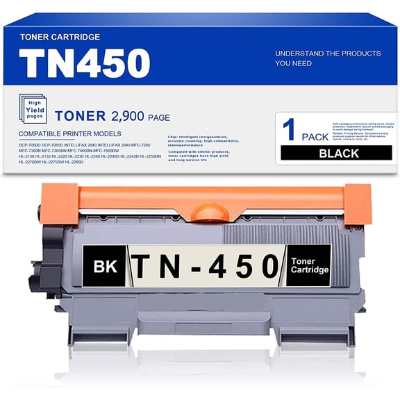 [1-Black] TN450 High Yield Compatible TN450 Toner Cartridge Replacement for Brother Intellifax 2840 Printer