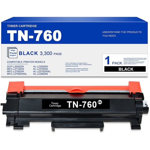 (1-Black) TN760 TN-760 Toner Cartridge Compatible Replacement for Brother DCP-L2550DW MFC-L2710DWL 2750DWL 2750DWXL HL-L2350DW L2370DW L2370DWXL L2390DW L2395DW Printers
