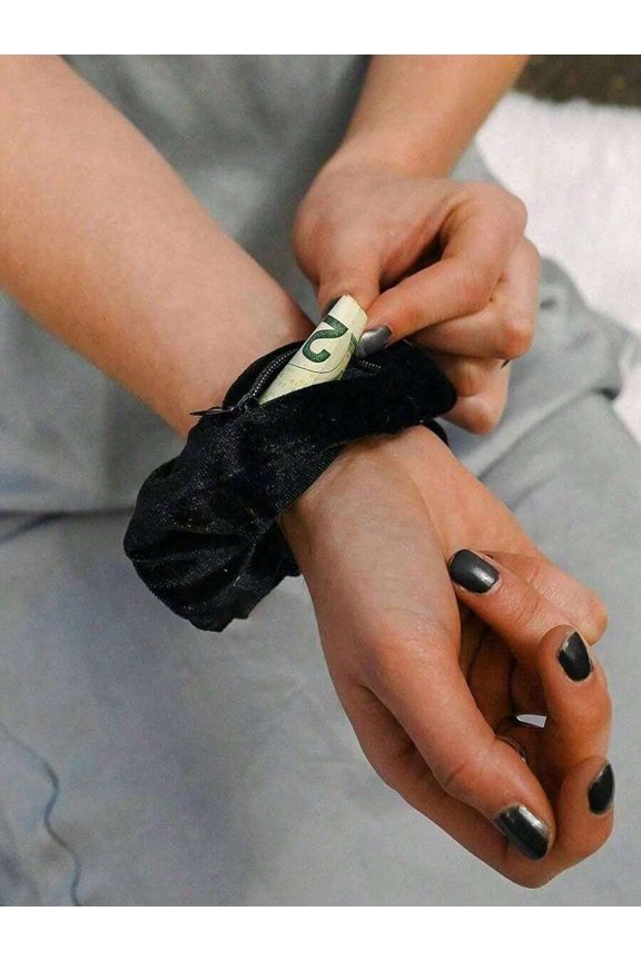 1 Black Velvet Zippered Scrunchie With Secret Pocket For Cash Keys