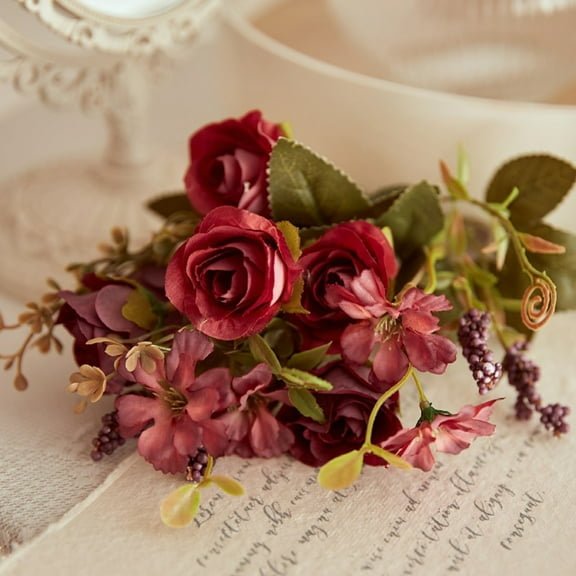 1 Bouquet Silk Tea Roses Bride Bouquet European Vintage Artificial Flowers Vivid Peony Fake Leaf Wedding Home Party Decoration High Color Saturation Suitable For Party Ceremonies, Holidays