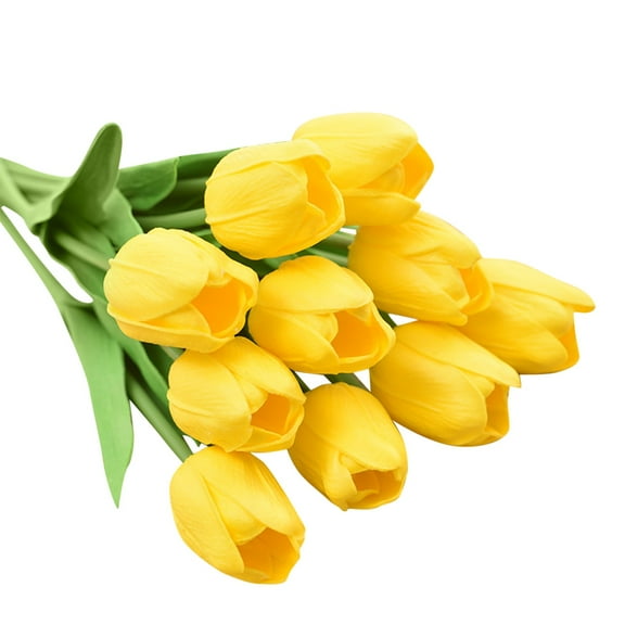 1 Bouquet Tulips Artificial Flowers Tulip Stems Real Feel PU Tulips for Easter Spring Wreath Wedding Bouquet Centerpiece Floral Arrangement Cemetery Table Decor, 13" Tall.Yellow