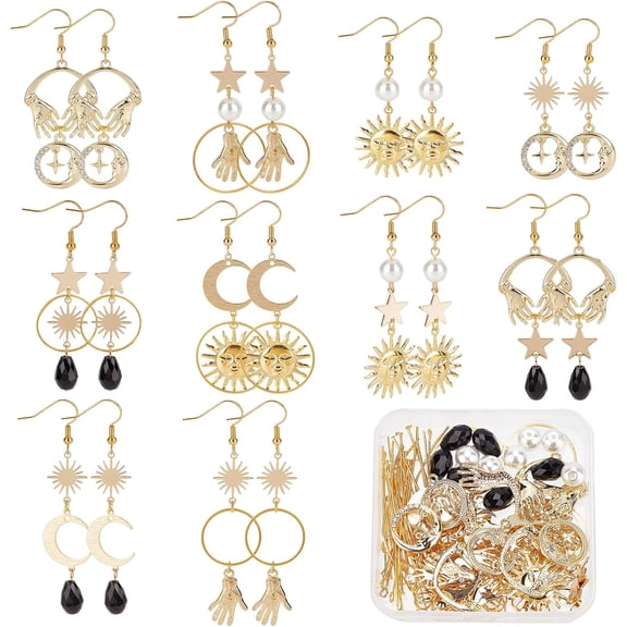 1 Box 1 Box 10 Pairs Star Moon Sun Earrings Dangle Making Starter Kit Crescent Stars Hand Charm Lukcy Dangle Earrings Glass Beads for Jewellery Making Kits Beginner Adult Women DIY Craft Supply