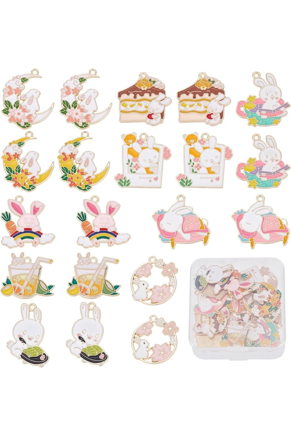 1 Box 1 Box 20Pcs Bunny Charms Enamel Rabbit Charms Moon Japanese Style Flower Charm Cake Easter Holiday Rabbit Metal Animal Charms for Jewelry Making Charm Earrings Necklace DIY Supplies