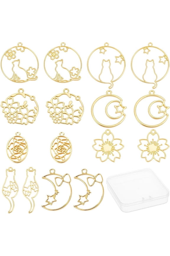 1 Box 1 Box 32Pcs 8 Styles Alloy Open Back Bezel Charms Moon Star Flat Round with Cat Flower Hollow Frame Charms for UV Resin Crafts Jewelry Making