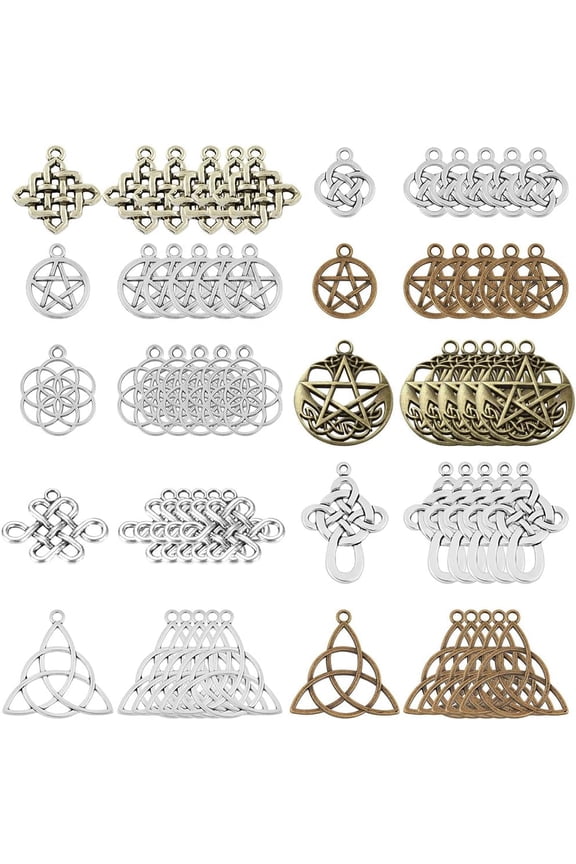 1 Box 1 Box 60Pcs 10 Styles Celtic Knot Charms Pendants Pagan Chinese Trinity Knot Flower of Life Chakra Tibetan Style Alloy Hollow Pendants for Crafts Making Supplies Antique Silver Bronze