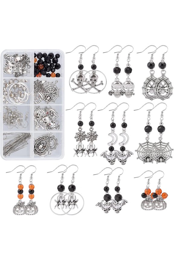 1 Box 1 Box DIY 10 Pairs Halloween Charms Pendants Spider Charms Earring Making Kit Skull Charms for jewellery Making Bat Spider Web Charms Pumpkin Jack-O'-Lantern Craft Adult Women Instruction