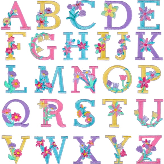 1 Box 1 Set Letter A~Z with Flower Polyester Embroidery Iron on Applique Patch Sewing Craft Decoration Alphabet Mixed Color