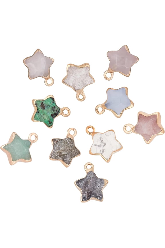 1 Box 10 Colors Star Gemstone Charms Natural Energy Mixed Stone Gold Plated Pendants Colorful Gems Beads Rose Quartz Agate for Jewelry Making Crafts Supplies