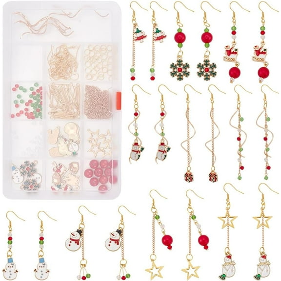 1 Box 10 Pair Christmas Gold Snowman Earrings Making Kit Snowflake Santa Claus Gift Box Charm Pendants Christmas Tree Enamel Gold Charms for Jewellery Earring Making with Instruction