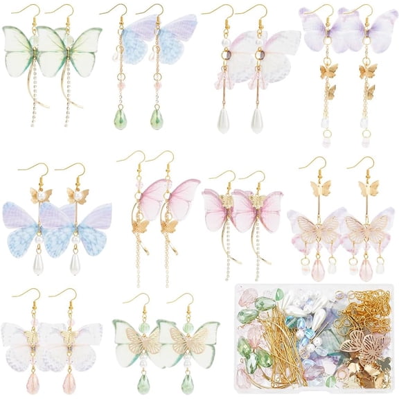 1 Box 10 Pairs Butterfly Earring Making Kit Fabric Butterfly Wing Butterfly Wings Charms Butterfly Charm Glass Beads for Jewelry Making Kits Women Adults DIY Dangle Earrings Supplies for DIY