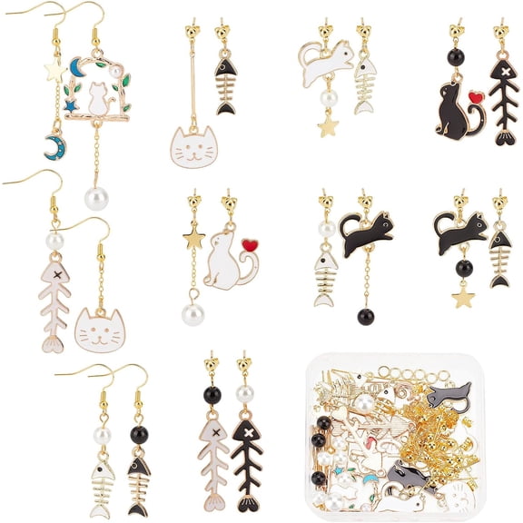 1 Box 10 Pairs Cat Earrings Dangle Making Starter Kit Pets Fish Bone Charms Lovely Animal Charm Glass Beads Making Kits Beginners Adults Women DIY Dangle Earrings Craft SupplyMixed Color