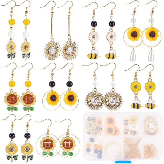 1 Box 10 Pairs DIY Sunflower Charms Bee Charm Flower Earring Making Kit Daisy Flower Charms Glass Beads Findings for Jewelry Making Starter Kit Women Beginners Earrings Supplies Craft diy