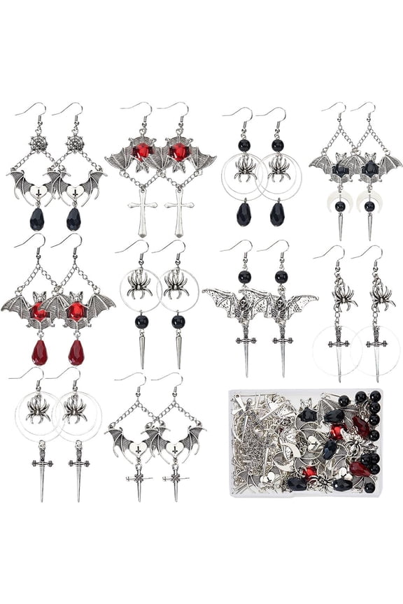 1 Box 10 Pairs Earring Kit Spider Charm Alloy Cross Charms Heart Charm Red Black Gothic Charms Bat Charm Bulk for Jewelry Making Kits DIY Dangle Earrings Gift Women Supplies