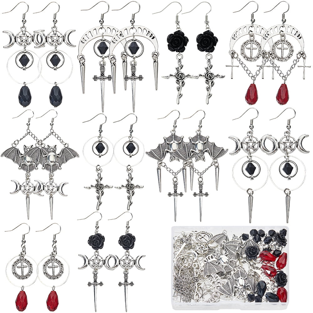 1 Box 10 Pairs Earring Kits Alloy Bats Charms Star Moon Phase Charm Red Black Gothic Charms Charms for Jewelry Making Kits DIY Dangle Earrings Gift Adults Supplies