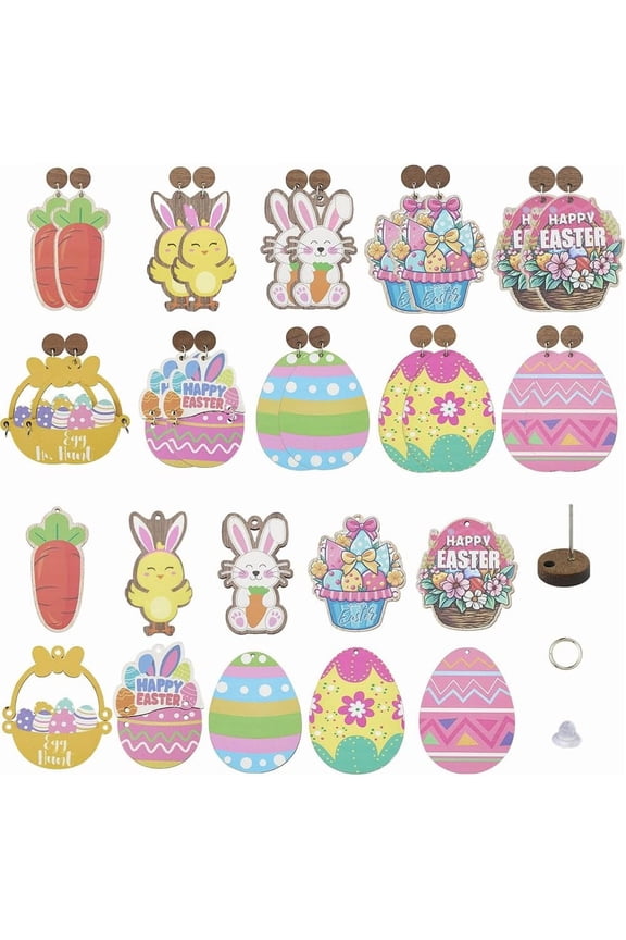 1 Box 10 Pairs Easter Earring Making Kits Easter Earring Set Bunny Charm Rabbit Carrot Egg Wood Charms Wooden Dangle Earrings