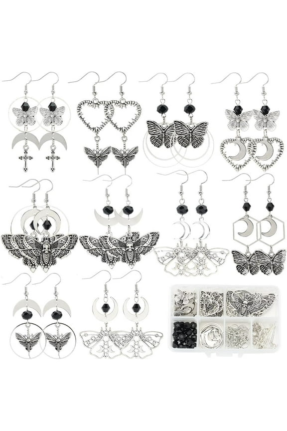 1 Box 10 Pairs Gothic Dangle Earring Making Kits Butterfly Moth Charms Bulk Halloween Skull Charm Cross Charm Moon Crescent Charms for Jewelry Making Kits DIY Dangle Earrings Gift Supplies DIY