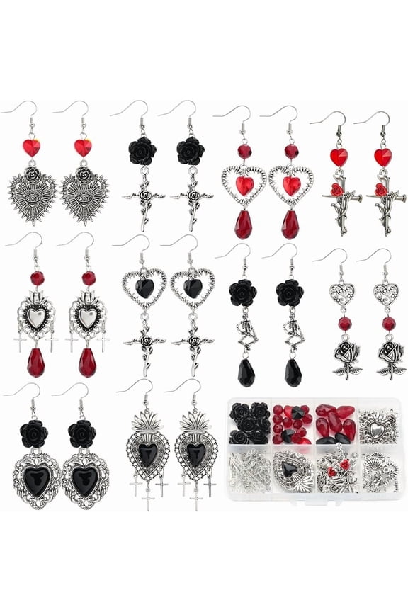 1 Box 10 Pairs Halloween Earring Making Kits Gothic Heart Charms Cross Skeleton Skull Charm Rose Flower Red Black Glass Beads for Jewelry Making Kits DIY Dangle Earrings Gift Supplies DIY