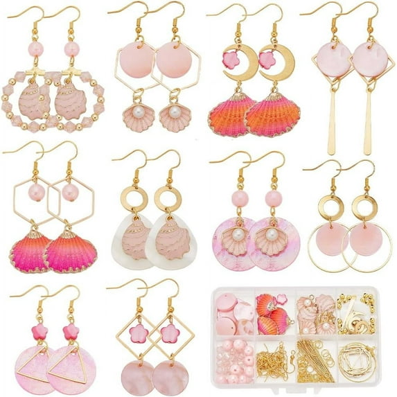 1 Box 10 Pairs Ocean Dangle Earring Making Kit Shells Flat Charms Natural Seashell Charm Summer Pink Sea Shells Charms Flat Shell Beads for Jewelry Making Kits Women Adults DIY Supplies diy
