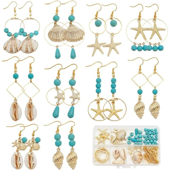 1 Box 10 Pairs Sea Dangle Earrings Making Kit Starfish Charms Ocean Animal Charm Lucky Turquoise Beads Natural Shell Charms for Jewelry Making Kits Beginners Women Adults DIY Supplies DIY