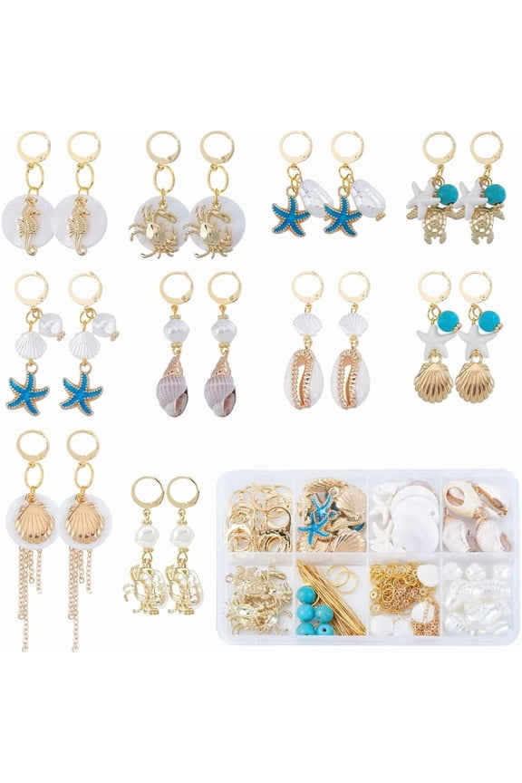 1 Box 10 Pairs Summer Earring Making Kit Ocean Charms Hawaii Sea Shell Charms Seashell Charms Lucky Turquoise Bead Flat Round Shell Beads for Jewelry Making Kits Women Adults Supplies for diy making