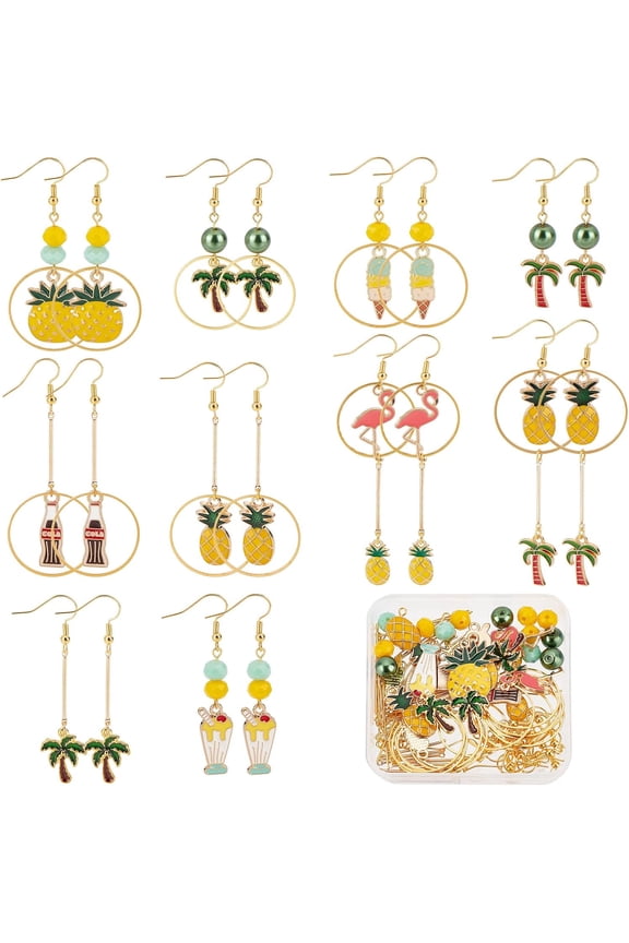 1 Box 10 Pairs Summer Earrings Dangle Making Starter Kit Hawaii Pineapple Coconut Tree Sweet Food Charms Glass Beads DIY