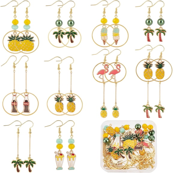 1 Box 10 Pairs Summer Earrings Dangle Making Starter Kit Hawaii Pineapple Coconut Tree Sweet Food Charms Glass Beads for Jewellery Making Kits Beginner Adult Women DIY Dangle Earrings Craft for DIY