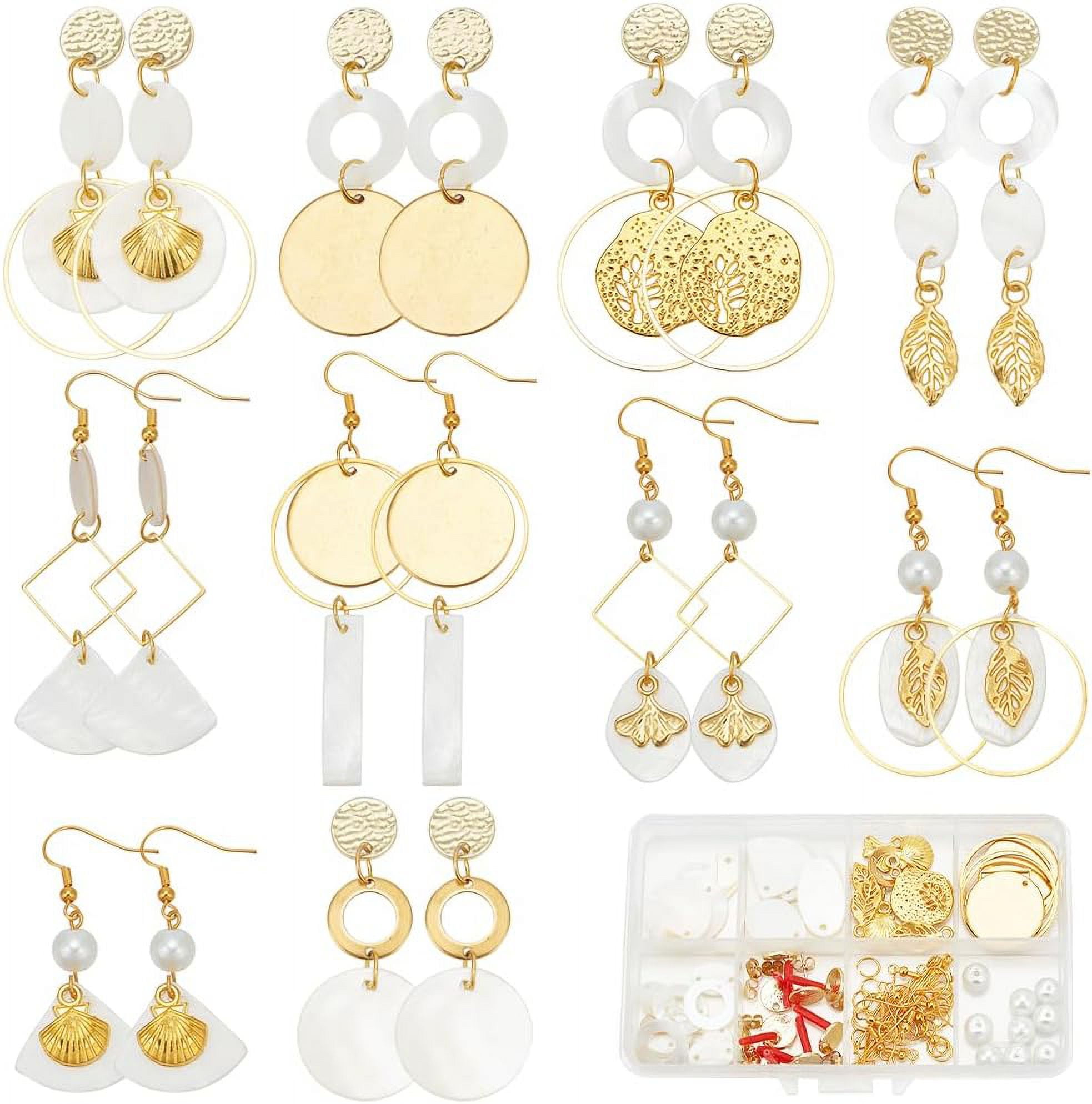 1 Box 10 Pairs Summer Shell Earring Kits Natural Seashell Charms Metal Golden Geometric Linking Rings Hawaii Ocean Flat Shells Charms Kit for Jewelry Making Kits