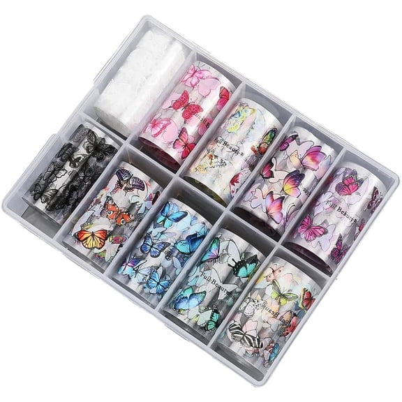1 Box 10 Rolls Foil Butterfly Nail Stickers Transfer Foil Sheets Colorful Butterflies PET Plastic Transfer Decals