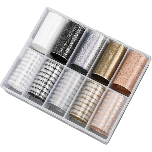 1 Box 10 Rolls Lace Nail Transfer Foil Nail Art Wraps PET Plastic Initial Letters Alabet Design Sticker Decals Foil Transfer Sheets