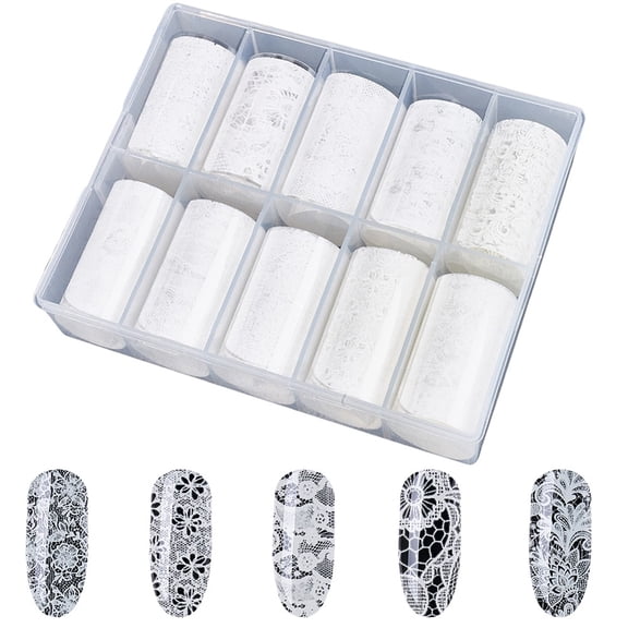 1 Box 10 Rolls White Nail Foil Transfer Nail Art Transfer Paper Hollow Lace Floral Flower Elegant PET Holographic Craft Decal Stickers