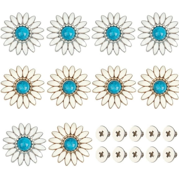 1 Box 10 Sets 2 Colors Screw Back Buttons Zinc Alloy Button Turquoise Decorative Conchos Round Vintage Engraving Daisy Blue Castings Buckle