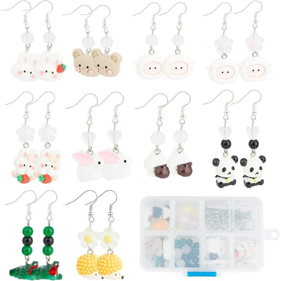 1 Box 10 Sets Animal Dangle Earrings Making Kit Animal Resin Charm Cute Animals Charms Glass Bead for Jewelry Making Kits Beginners Starter Adults Women DIY Dangle Earrings Craft Supplies