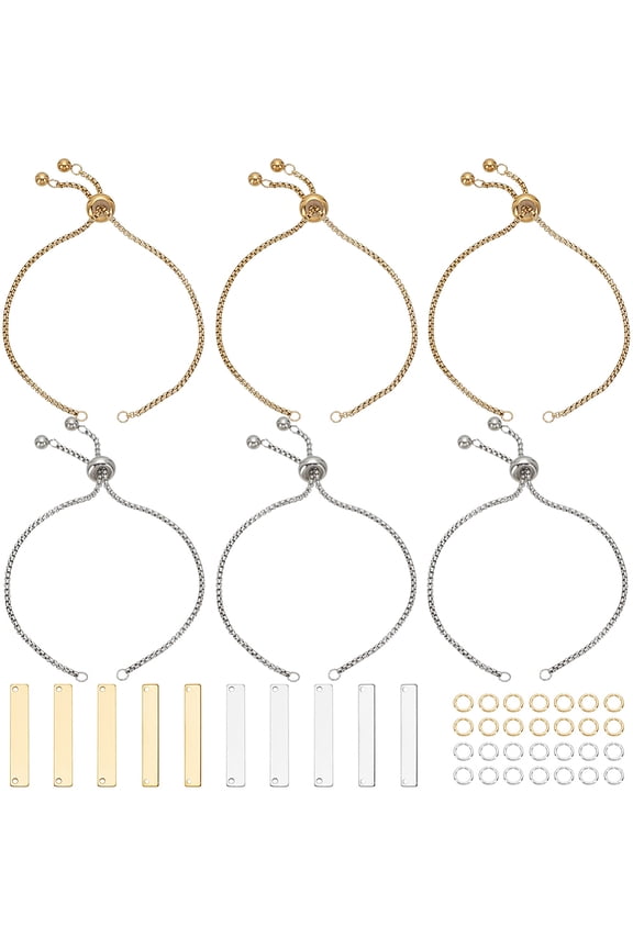 1 Box 10 Sets Engraving Bracelets Blanks Stainless Steel Adjustable Bracelet Kit Gold Silver Engravable Rectangle Charm Bracelets Simple Set