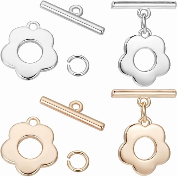 1 Box 10 Sets Flower Toggle Clasps 18K Gold Sterling Silver Plated Brass Toggle Jewelry Clasps Connector T Bar Clasps with Jump Rings for Necklace Bracelet DIY Crafts Making