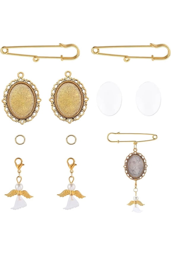 1 Box 10 Sets Gold Wedding Bouquet Photo Charms Memorial Picture Charm Personalized Glass Oval Picture Cabochons Brooch Pin Angel Wing Charms Kits for Wedding Bride Groom Party Gifts Flowers for DIY