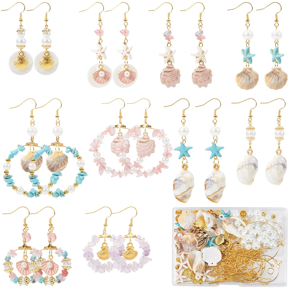 1 Box 10 Sets Ocean Earring Making Kit Summer Hawaii Seashell Charm Sea Shell Charms Starfish Charm Amethyst Turquoise Stone Chip Bead Glass Beads for DIY