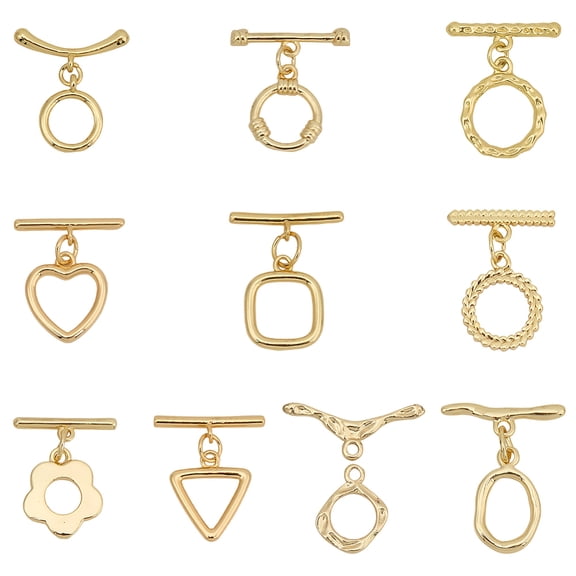 1 Box 10 Sets Real 18K Gold Plated Brass Toggle Clasps T-Bar Closure Round Circle Flower Heart Triangle Fastener Hook Connectors