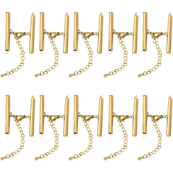 1 Box 10 Sets Slider Clasp Extender Tube Slide Cord Ends 18K Gold Plated End Bar Lobster Clasp Kit for Bead Loom Multi-Strand Necklace Bracelet Jewelry Making Findings Crafts Gold