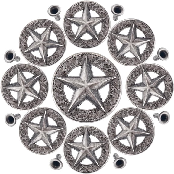 1 Box 10 Sets Star Screw Back Buttons 1.26" Pentagram Shape Silver Metal Carving Conchos Castings with Rivets Round Decorative Leather Ornament