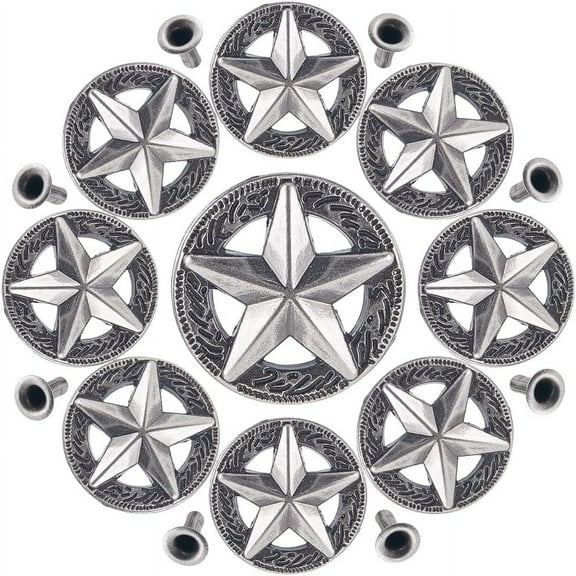 1 Box 10 Sets Star Screw Back Buttons Tibetan Pentagram Shape Silver Metal Carving Conchos Castings with Rivets Round Decorative Leather Craft Ornament for Wallets Belts Vests Bags for DIY