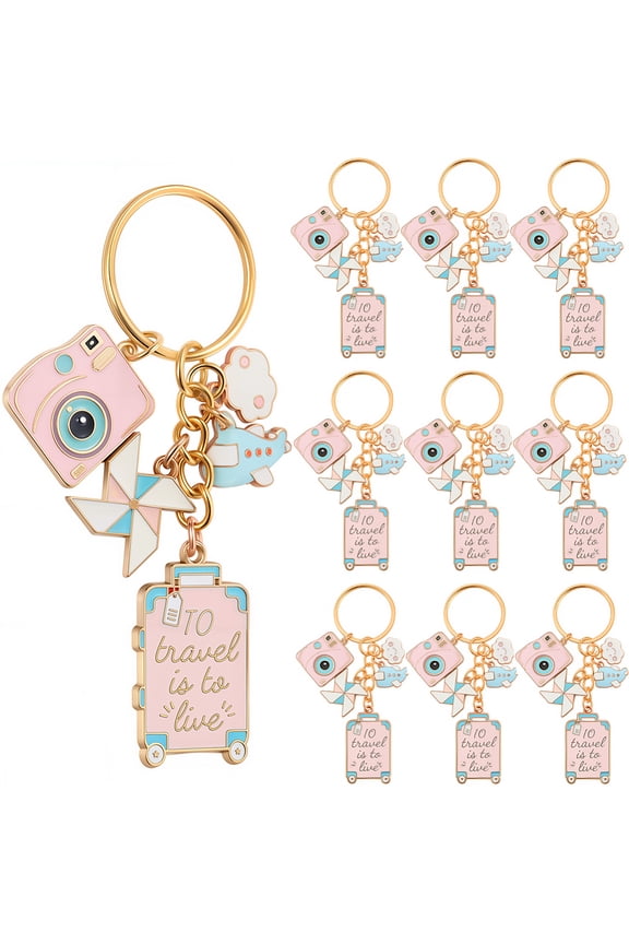 1 Box 10 Sets Travel Themed Keychains Bulk Airplane Key Chain Pack Cute Pink Enamel Metal Journey Pilot Camera Luggage Charms