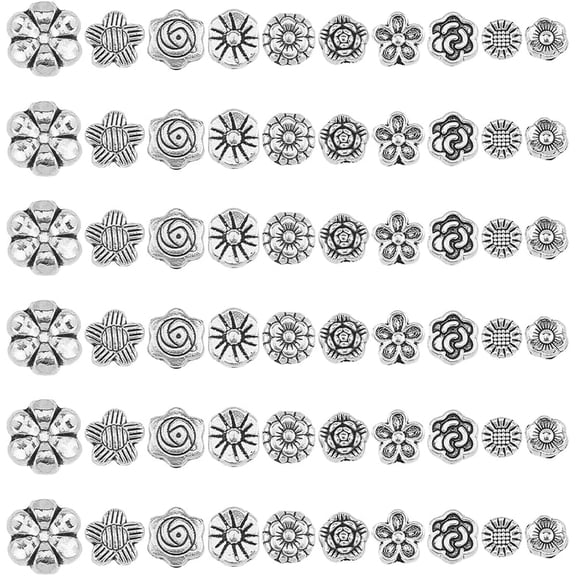 1 Box 10 Styles 80Pcs Flower Shaped Spacer Beads Silver Flowers Beads Bulk Small Flat Alloy Tibetan Spring Loose Spacer
