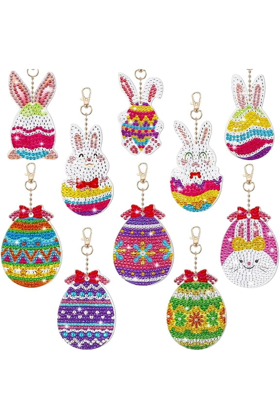 1 Box 10 Styles Diamond Art Keychain Kit Cute Easter Key Chains Easter Eggs Bunny Rabbit Charms Diamond Art Kits for Adults Women DIY Craft Rhinestone Key Chains Decoration Supplies Mixed Color
