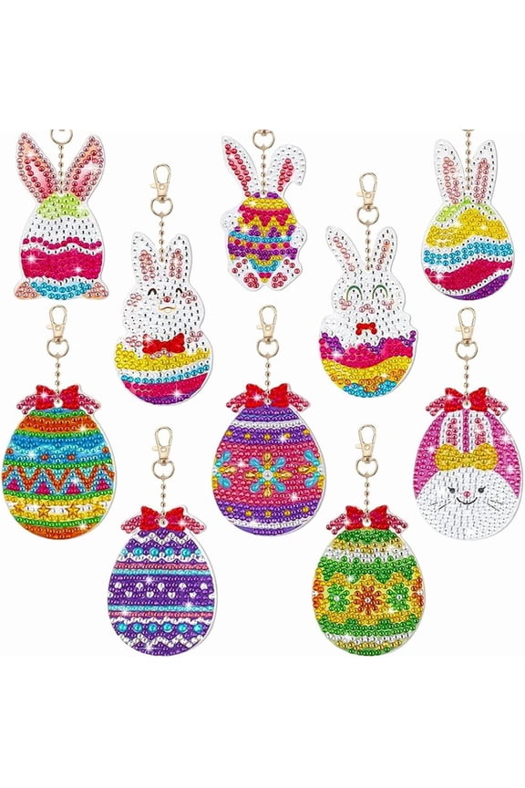 1 Box 10 Styles Diamond Art Keychain Kit Cute Easter Key Chains Easter Eggs Bunny Rabbit Charms Diamond Art Kits for Adults Women DIY Craft Rhinestone Key Chains Decoration Supplies Multi-color