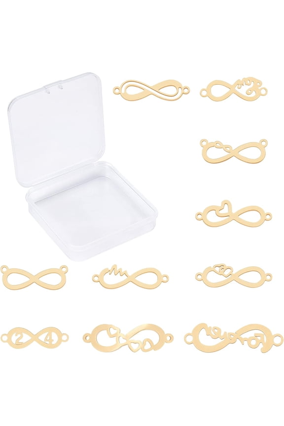 1 Box 10 Styles Infinity Connector Charms Stainless Steel Links Pendants Love Heart Number Symbols with Double Loops for DIY Valentine's Day Gifts Bracelets Making Crafts Golden Golden