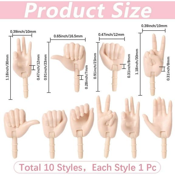 1 Box 10 Styles Jointed Hands Plastic Tiny Finger Hands Miniature Realistic Hand Parts Connector Movable Replacement Gesture Puppets Dolls Hand for Making DIY Craft