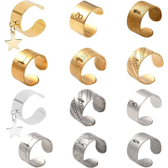 1 Box 10 Styles Stainless Steel Ring Blanks Adjustable Rings Metal Silver Gold Finger Carving Blanks Punk Charms Ring Bulk